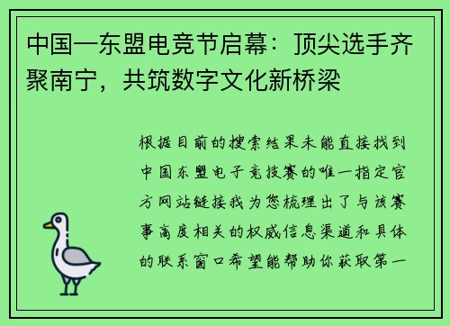中国—东盟电竞节启幕：顶尖选手齐聚南宁，共筑数字文化新桥梁